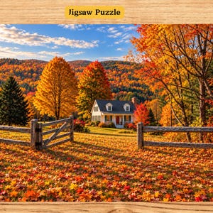 Könnte beinhalten: Ein Puzzle mit einer Landschaft, die ein weißes Haus, einen Holzzaun und ein mit orangefarbenen und gelben Herbstblättern bedecktes Feld zeigt. Im Hintergrund sind Hügel mit buntem Laub unter einem blauen Himmel zu sehen. Der Text Jigsaw Puzzle ist sichtbar.