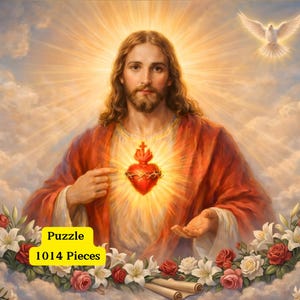 Può includere: Un puzzle religioso con un ritratto di Gesù con un'aureola radiosa, un cuore sacro e una colomba. L'immagine è circondata da fiori e il testo recita "Puzzle 1014 Pieces".