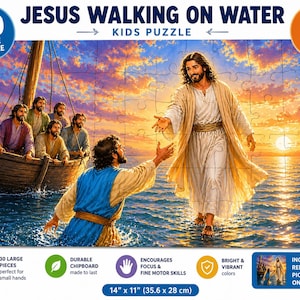 Pode incluir: Um puzzle de 30 peças para crianças que retrata Jesus andando sobre a água, com um barco e figuras ao fundo. O puzzle mede 35,6 x 28 cm. A imagem tem cores brilhantes.