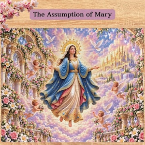 Può includere: Un puzzle intitolato The Assumption of Mary che raffigura una figura centrale in una veste blu e oro circondata da cherubini, colombe bianche e archi floreali. La scena include un castello dorato tra le nuvole con un cielo rosa e azzurro.