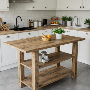 Rustic Kitchen Island with Double Shelf, Reclaimed Wood Kitchen Island with Storage, Farmhouse Kitchen Table, Counter Height Kitchen Table