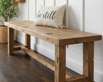 Rustic Reclaimed Wood Entryway Bench, Handcrafted Solid Chestnut Wood ...
