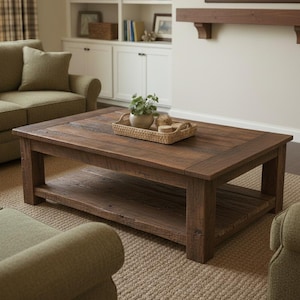 May include: A rectangular, dark brown wooden coffee table with a lower shelf. The table has a rustic, distressed finish. A woven tray with a plant and decorative items sits on top. The table is in a living room setting.