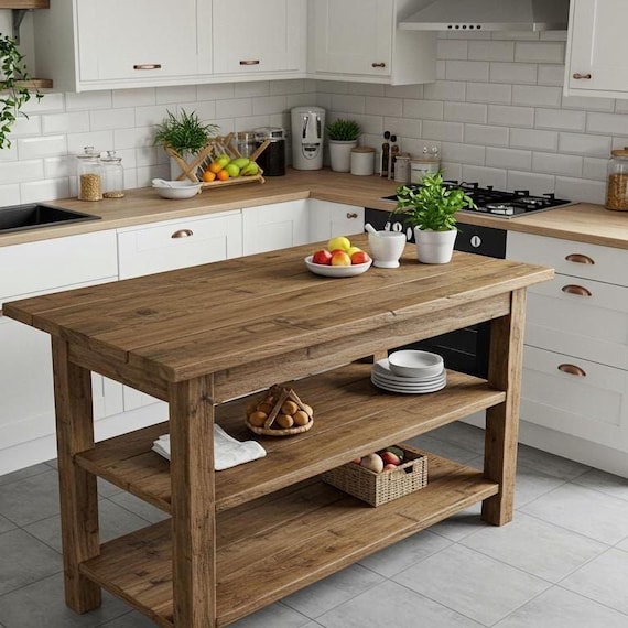 Handmade Chestnut Kitchen Island - Rustic Design with Double Shelf