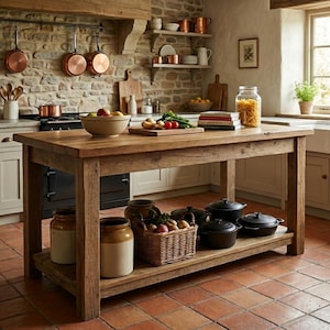May include: A rustic wooden kitchen island with a lower shelf, holding jars, a basket of produce, and black cookware. The island's surface displays a bowl of fruit, cutting boards, and a jar of pasta. Copper pots hang above.