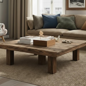 May include: A square, rustic wooden coffee table with a distressed finish. The table has four thick legs and is topped with books, a wooden box, and decorative objects. The table is set on a neutral-toned rug in a living room setting.