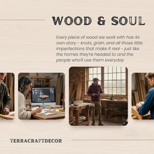 The image is a collage of three photos depicting various scenes in a workshop, with a focus on the craftsmanship and the use of wood.