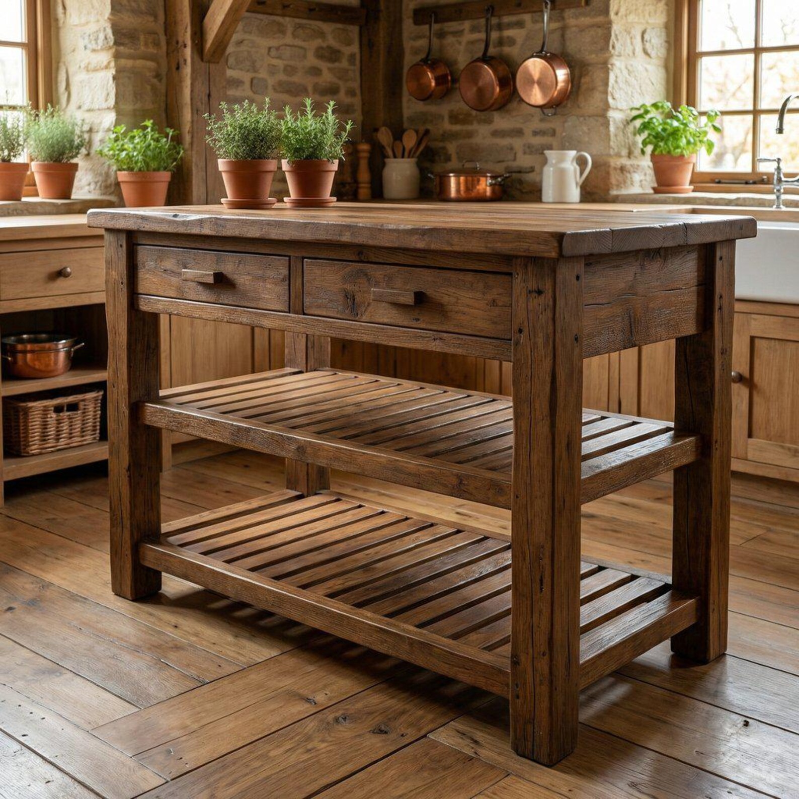 Rustic Chestnut Kitchen Island Table, Double Shelves AND Drawers ...