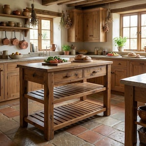 May include: A rustic wooden kitchen island featuring two drawers and two slatted shelves. The island is constructed from light brown wood with a natural grain finish. It stands on a terracotta tile floor in a kitchen with wooden cabinets and windows.