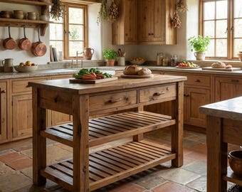 May include: A rustic wooden kitchen island featuring two drawers and two slatted shelves. The island is constructed from light brown wood with a natural grain finish. It stands on a terracotta tile floor in a kitchen with wooden cabinets and windows.