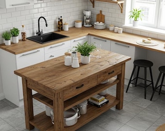 May include: A rustic wooden kitchen island featuring a rectangular top, two drawers with black handles, and two lower open shelves. The island is positioned in a kitchen with white cabinets, a black sink, and a wood-toned countertop.