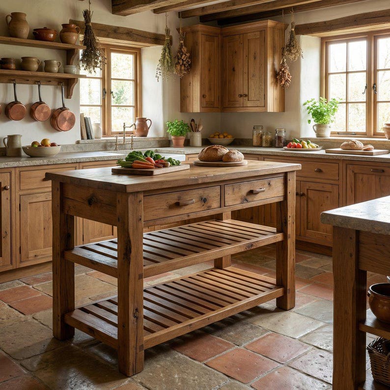 Rustic Chestnut Kitchen Island Table, Double Shelves AND Drawers ...