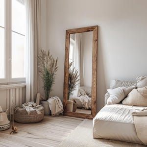 Reclaimed Wood Wall Mirror Antique, Rustic Floor Mirror, Farmhouse Wall Decor, Decorative Large Mirror Frame,Bedroom Mirror for Housewarming