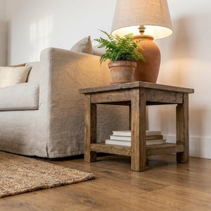 May include: A rustic, square wooden side table with a lower shelf holding books. A potted fern sits atop the table, next to a large terracotta lamp base with a beige lampshade. The table is next to a beige sofa.