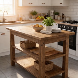 A rustic kitchen island with a wooden countertop, featuring a bowl of fruit, a potted plant, and a cutting board. The island has two shelves and a basket on the bottom shelf.