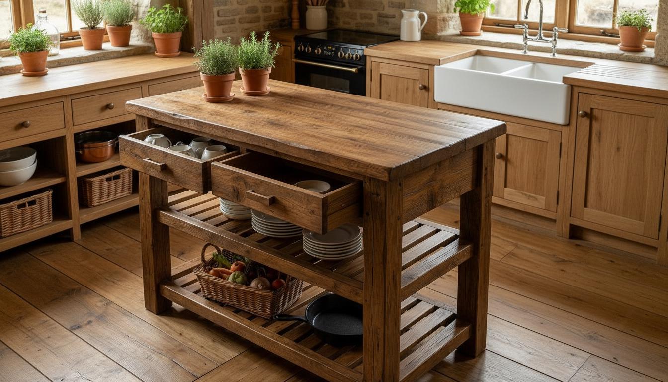 Rustic Chestnut Kitchen Island Table, Double Shelves AND Drawers ...