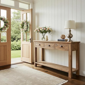May include: A light brown wooden console table with three drawers and a lower shelf, topped with a table lamp, a decorative sphere, and a glass vase filled with pink and white flowers, positioned against a white paneled wall.