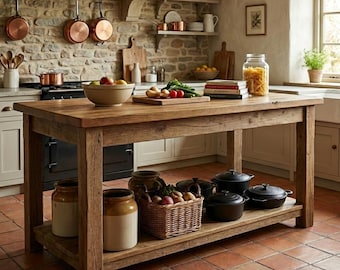 May include: A large rectangular wooden kitchen island with a thick top and a lower shelf. The shelf holds two ceramic crocks, a woven wicker basket filled with potatoes, and three black cast iron pots. The island sits on a terracotta tile floor.