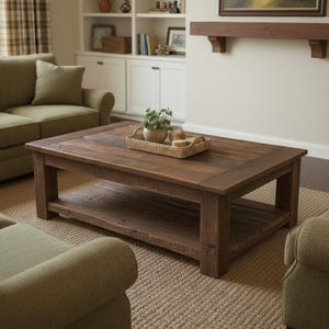 May include: A rectangular coffee table constructed from dark brown wood with a smooth top surface and a lower shelf for storage. The table features four thick, sturdy legs and a natural wood grain finish, supporting a woven tray with a small plant.