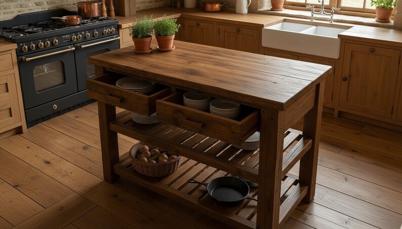 Rustic Chestnut Kitchen Island Table, Double Shelves AND Drawers ...