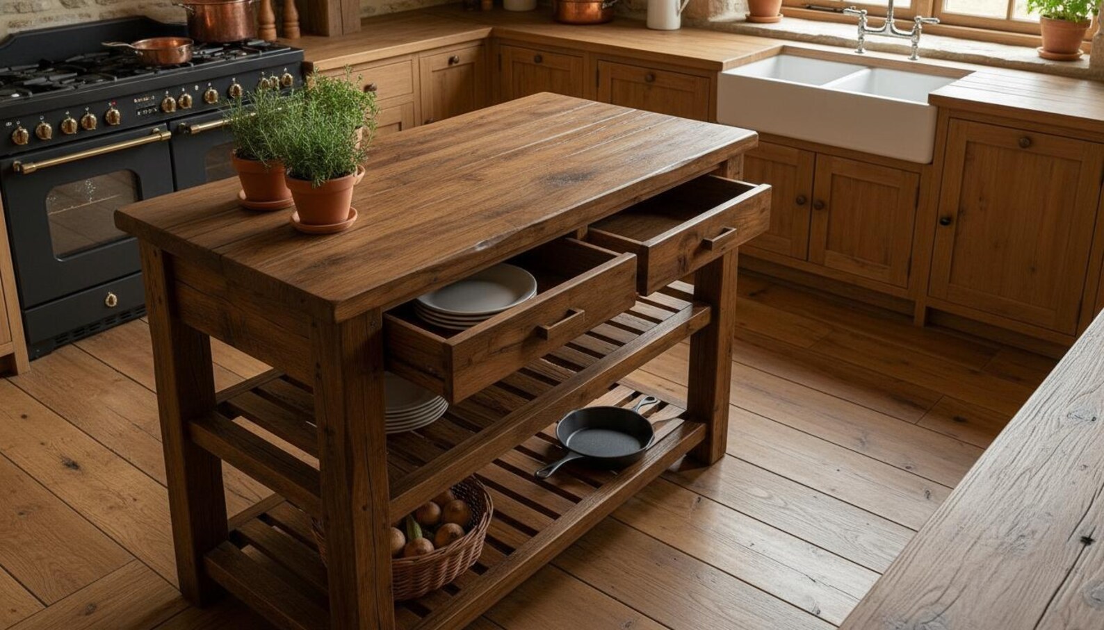 Rustic Chestnut Kitchen Island Table, Double Shelves AND Drawers ...