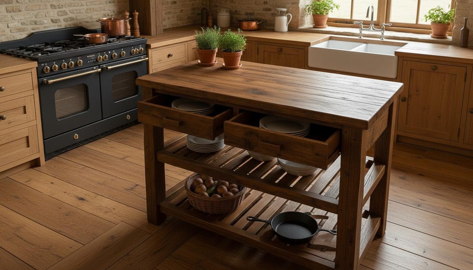 Rustic Chestnut Kitchen Island Table, Double Shelves AND Drawers ...