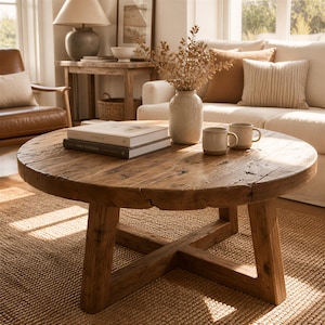 May include: A round coffee table constructed from reclaimed wood with a visible grain and textured surface. The table features a thick circular top supported by a sturdy cross-base design. Two stacked books, a ceramic vase, and two mugs sit on top.