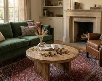 Handmade Reclaimed Chestnut Wood Round Coffee Table, Rustic Farmhouse Design