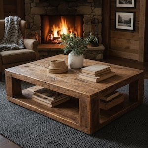 May include: A square, low-profile coffee table crafted from rustic brown wood with a visible grain. The table features a lower shelf holding two stacked books, while the top surface displays a white ceramic vase with greenery and two stacked books.