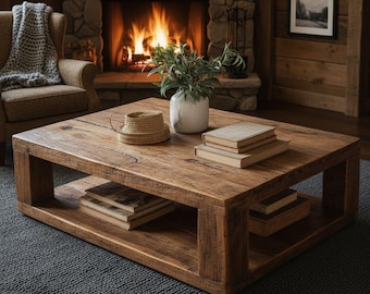 May include: A square, low-profile coffee table crafted from rustic brown wood with a visible grain. The table features a lower shelf holding two stacked books, while the top surface displays a white ceramic vase with greenery and two stacked books.