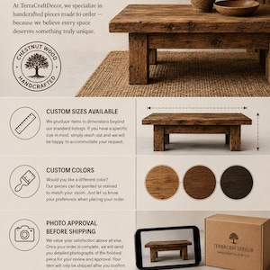 The image is a promotional flyer for TerraCraftDecor, a company that specializes in handcrafted wooden pieces. The flyer features a wooden coffee table, a vase, and a ruler, along with text describing the company's offerings, such as custom sizes, colors, and photo approval. The flyer also includes a photo of the coffee table and a box of the company's products.