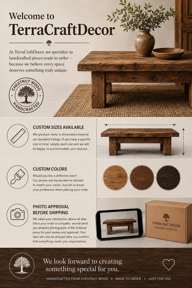 The image is a promotional flyer for TerraCraftDecor, a company that specializes in handcrafted wooden pieces. The flyer features a wooden coffee table, a vase, and a ruler, along with text describing the company's offerings, such as custom sizes, colors, and photo approval. The flyer also includes a photo of the coffee table and a box of the company's products.