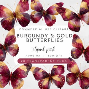 May include: A collection of burgundy and gold butterflies with intricate wing patterns. The image includes the text "COMMERCIAL USE CLIPART", "BURGUNDY & GOLD BUTTERFLIES", "clipart pack", "4096 PX | 300 DPI", and "28 TRANSPARENT PNGS".