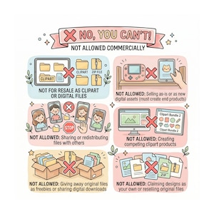 May include: A colorful illustration with the text "NO, YOU CAN'T! NOT ALLOWED COMMERCIALLY." The image depicts various scenarios where clipart and digital files are not permitted for commercial use, including resale, sharing, and claiming as original designs.