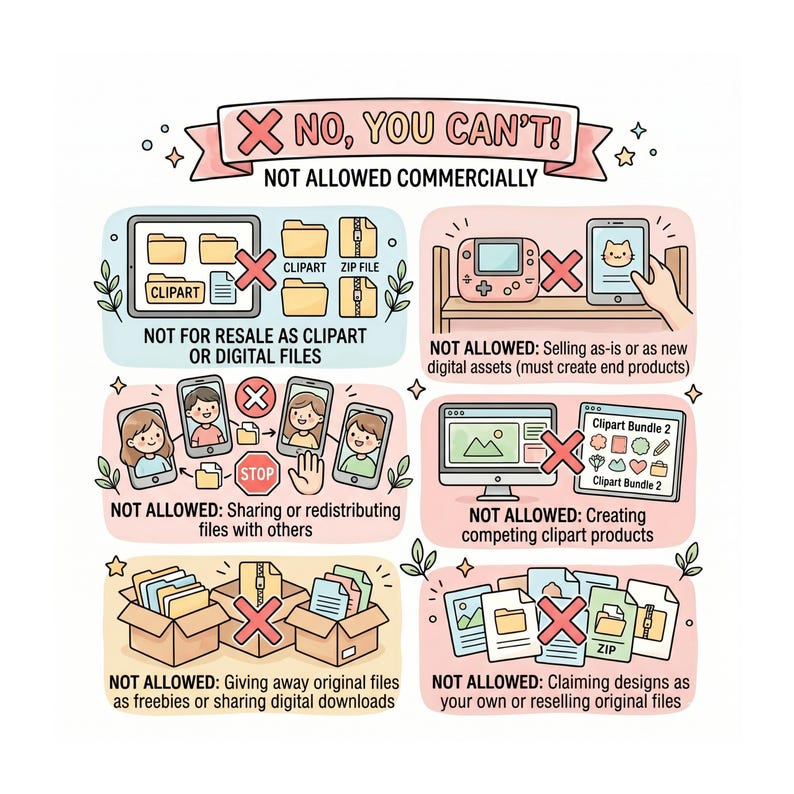 May include: A colorful illustration with the text "NO, YOU CAN'T! NOT ALLOWED COMMERCIALLY." The image depicts various scenarios where clipart and digital files are not permitted for commercial use, including resale, sharing, and claiming as original designs.