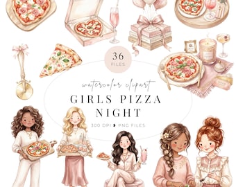 Girl Party Invite Clip Art, Watercolor Pizza Night Clipart, Digital Download for Girls' Parties