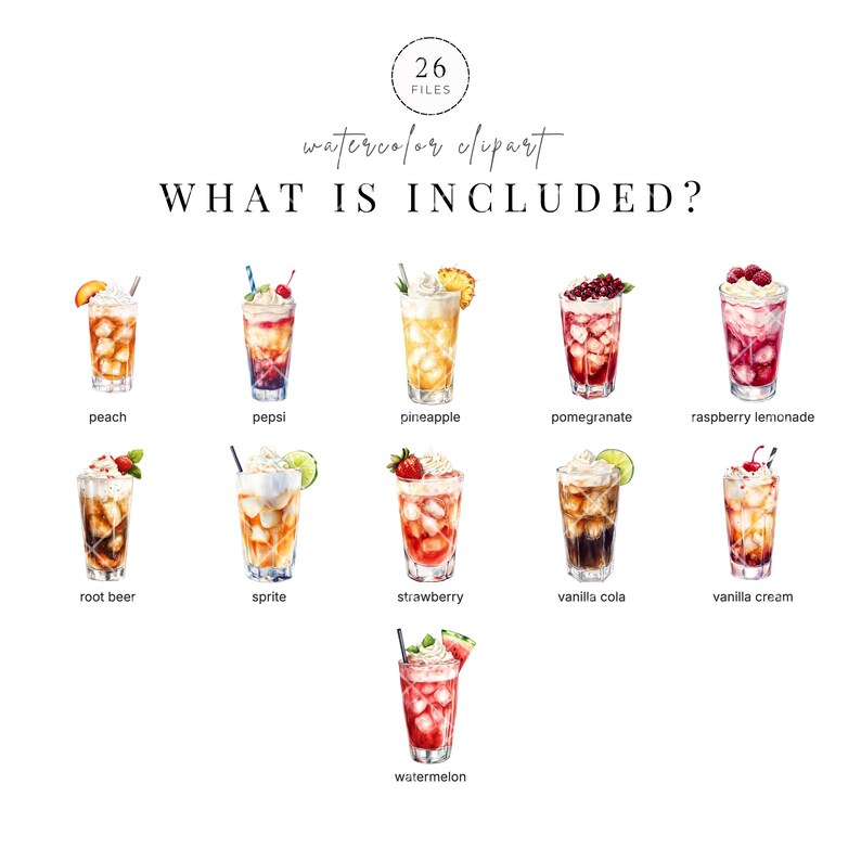 May include: Watercolor clipart image featuring 12 different refreshing drinks, including peach, Pepsi, pineapple, pomegranate, raspberry lemonade, root beer, sprite, strawberry, vanilla cola, vanilla cream, and watermelon. The text "WHAT IS INCLUDED?" is also present.
