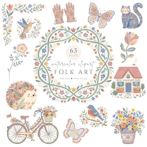 Könnte beinhalten: Eine digitale Sammlung von 65 Aquarell-Folk-Art-Clipart-Dateien mit einem zentralen Blumenkranz, einem Igel, einem Fahrrad mit Blumenkorb, einem Haus, einer Katze, Schmetterlingen, einem Kolibri, einem blauen Vogel, Handschuhen und einer Topfpflanze.