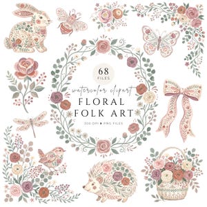 Aquarell-Cliparts mit floralen Motiven im Stil der Volkskunst, florale Rahmen in Altrosa und Tier-PNGs, Grafiken für Hochzeitseinladungen, digitaler Download, kommerzielle Nutzung
