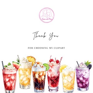 May include: Watercolor illustration of six colorful cocktails with various garnishes, including watermelon, pineapple, cherries, and lemon. The image includes the text "Thank You for Choosing My Clipart" and a logo.