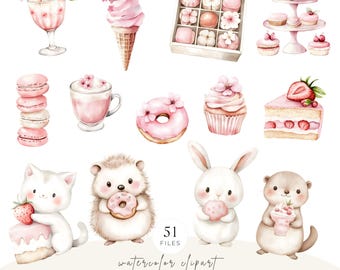 Watercolor Cherry Blossom Dessert Clipart, Cute Animal Sweets PNG Bundle, Pastel Kawaii Spring Graphics, Digital Download, Commercial Use
