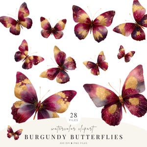 Burgundy Butterfly Clipart, Pink Gold Butterflies PNG, Watercolor Wings, Invitations, Stickers, Wall Art, Commercial Use, Digital Download