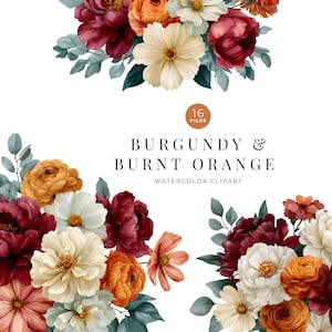 Akvarell vinröd blommig clipart, bränd orange blomma PNG-paket, bröllopsinbjudningsgrafik, kommersiellt bruk