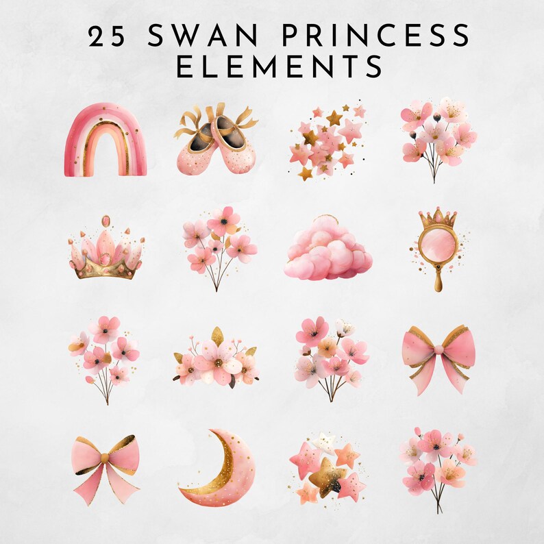 Princess Elements Clipart, Pink & Gold Watercolor PNG, Fairytale Magic ...