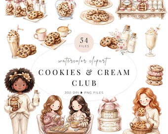 Cookies and Milk Clipart, Watercolor Bakery PNG Bundle, Dessert and Recipe Graphics, Commercial Use