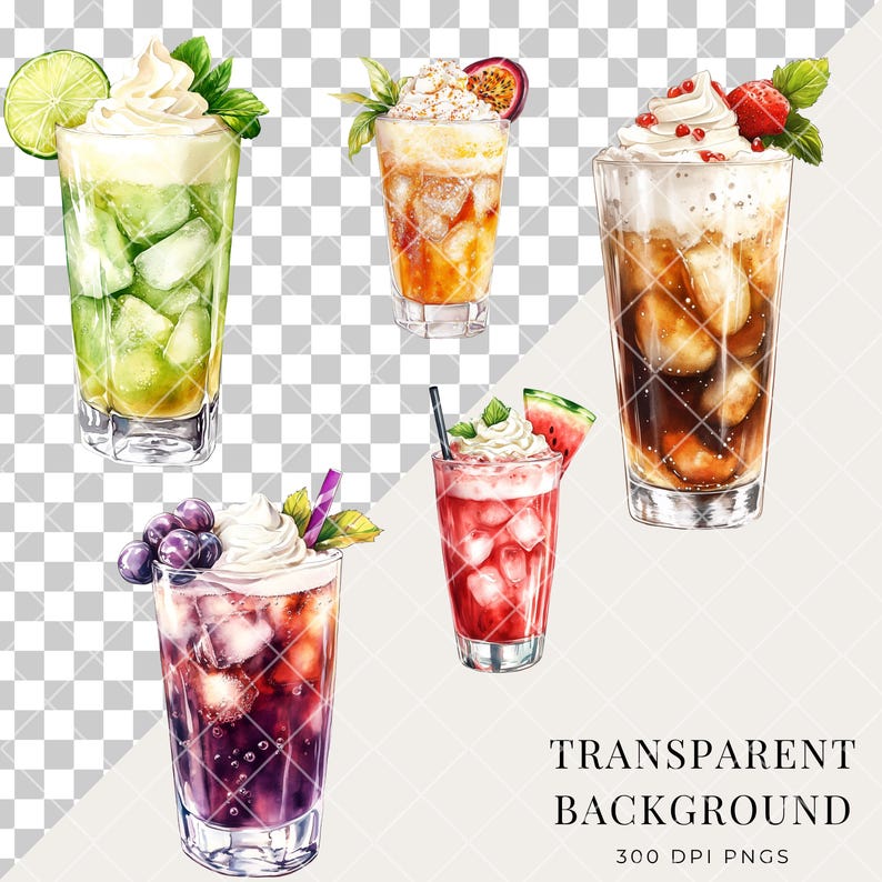 May include: Watercolor illustration of five refreshing cocktails with various fruits and garnishes. The drinks include lime, passion fruit, strawberry, watermelon, and grape flavors, each topped with whipped cream and mint leaves. The image has a transparent background.