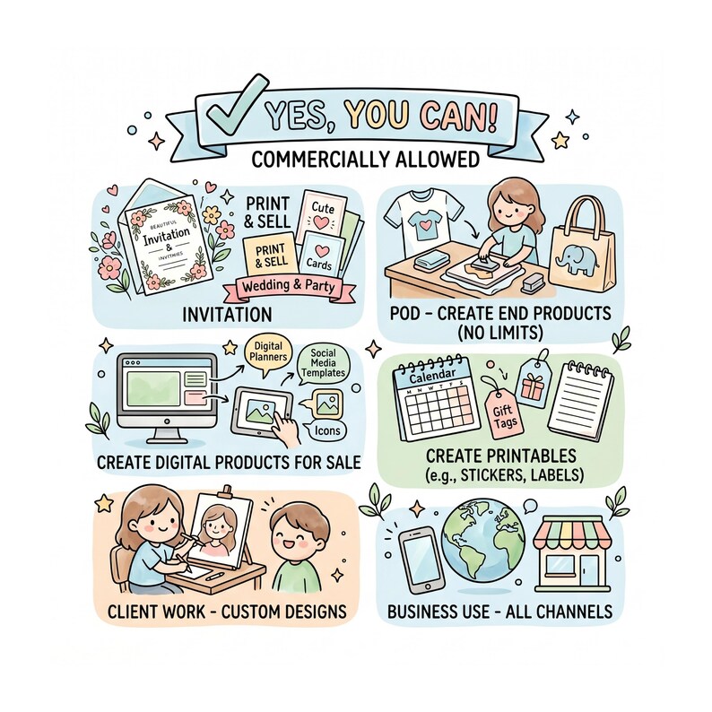 May include: A colorful illustration with the text "YES, YOU CAN! COMMERCIALLY ALLOWED." Depicted are various creative business applications, including invitations, print-on-demand products, digital products, custom designs, and printables.