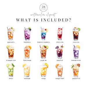 May include: Watercolor clipart image featuring 15 different cocktail illustrations, including apple spritz, blackberry, blueberry raspberry, cherry cola, and coca-cola. The text "WHAT IS INCLUDED?" is also present.