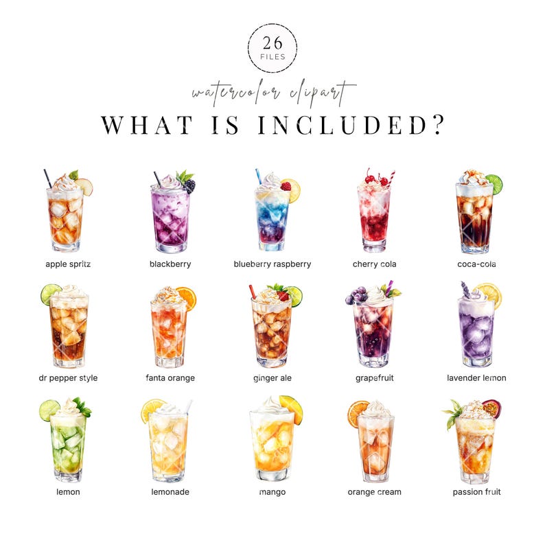 May include: Watercolor clipart image featuring 15 different cocktail illustrations, including apple spritz, blackberry, blueberry raspberry, cherry cola, and coca-cola. The text "WHAT IS INCLUDED?" is also present.