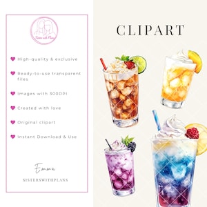 May include: Watercolor clipart featuring four colorful, refreshing drinks with whipped cream and fruit garnishes. The image includes text that reads "CLIPART" and "Sisters with Plans".